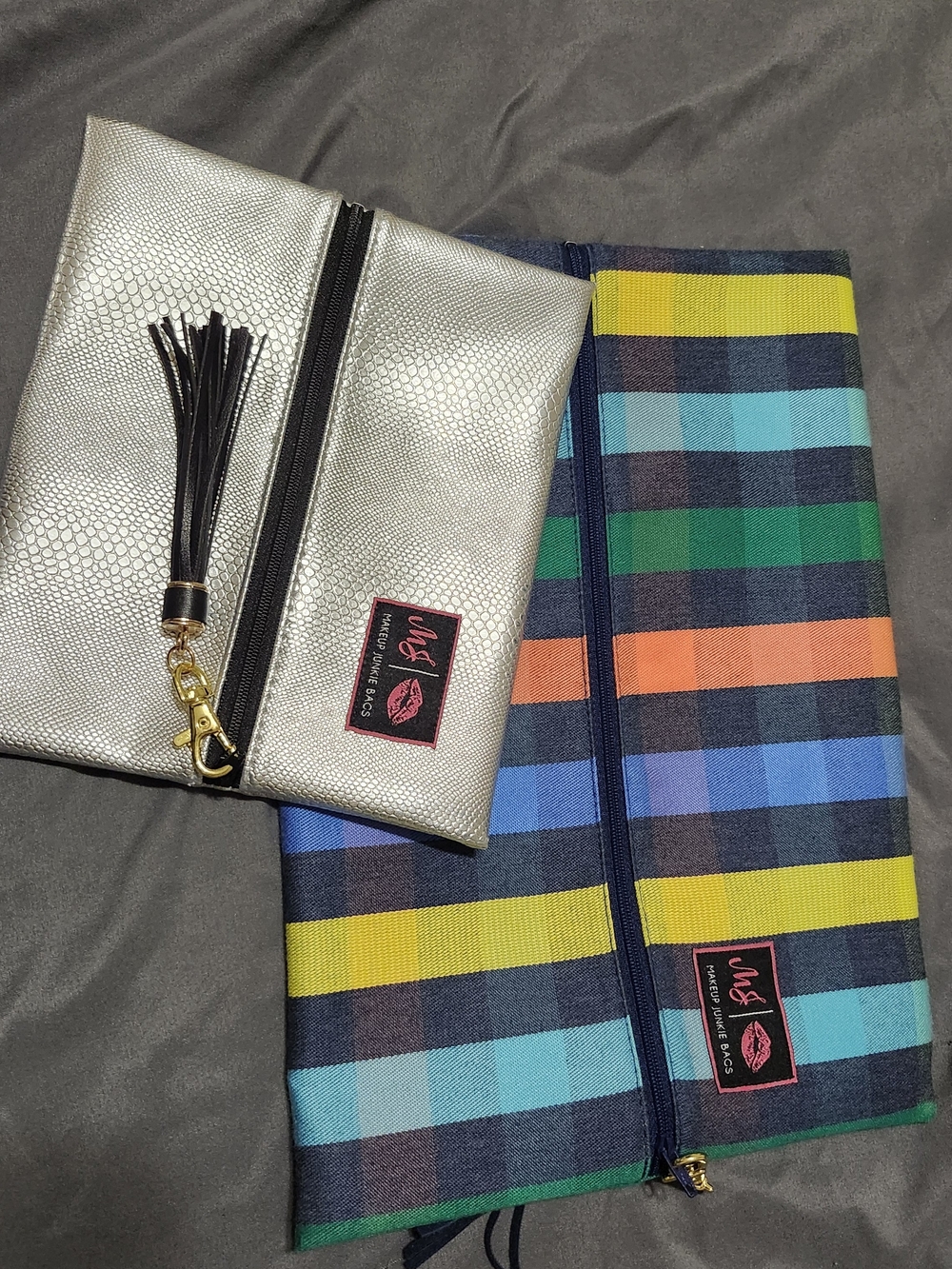 Makeup Junkie Bags Metallic Silver Tassel Pouch + Colorful Stripe Large Pouch